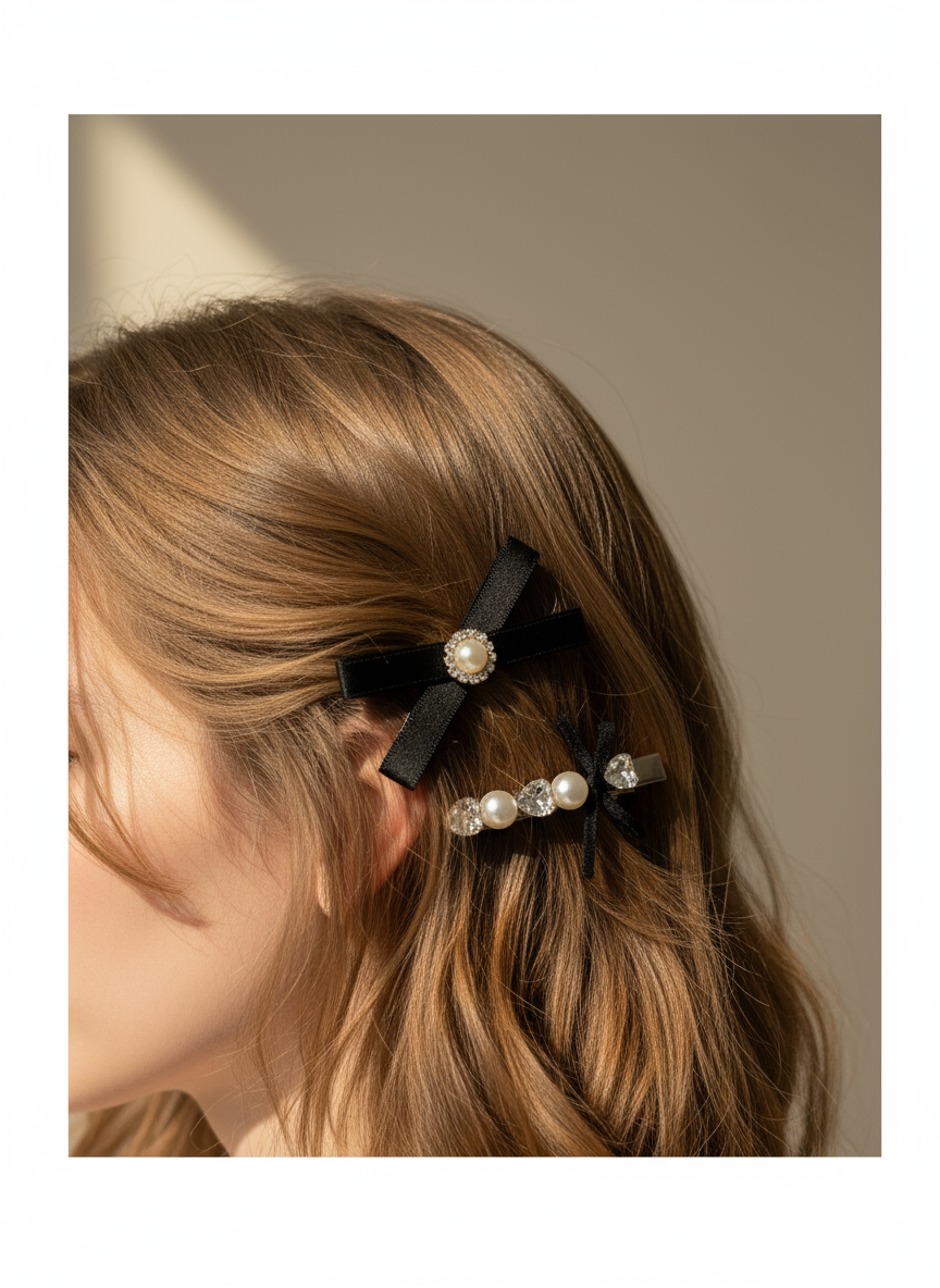 Set of hair accessories including a hair clip with black ribbons , Swarovski crystals and pearls . Hair clip with pearls in a person's hair against a neutral background