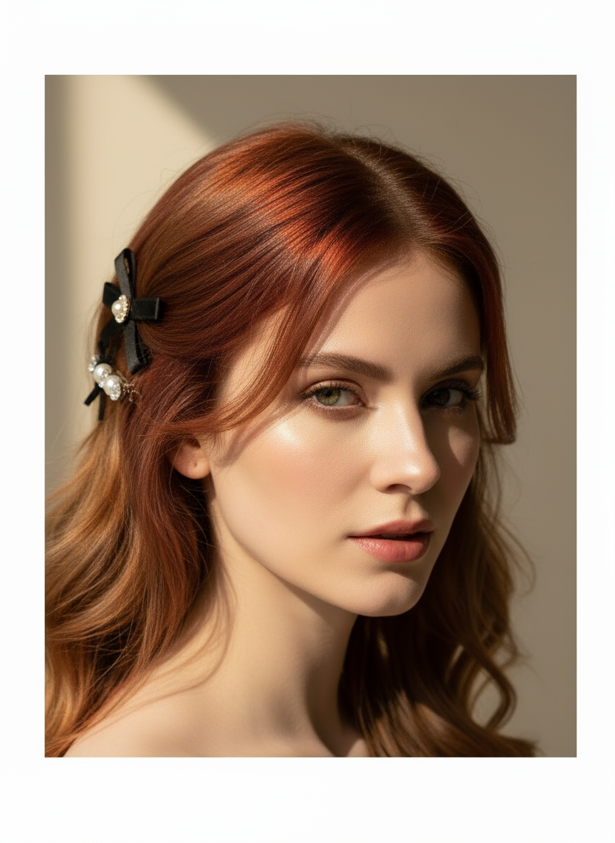 Woman with red hair wearing a Set of hair accessories including a hair clip with black ribbons , Swarovski crystals and pearls against a neutral background