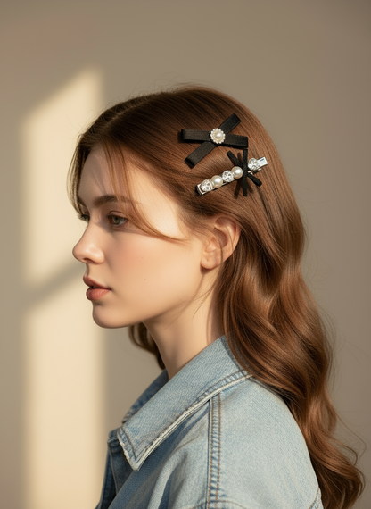 Woman with Set of hair accessories including a hair clip with black ribbons , Swarovski crystals and pearls on a neutral background