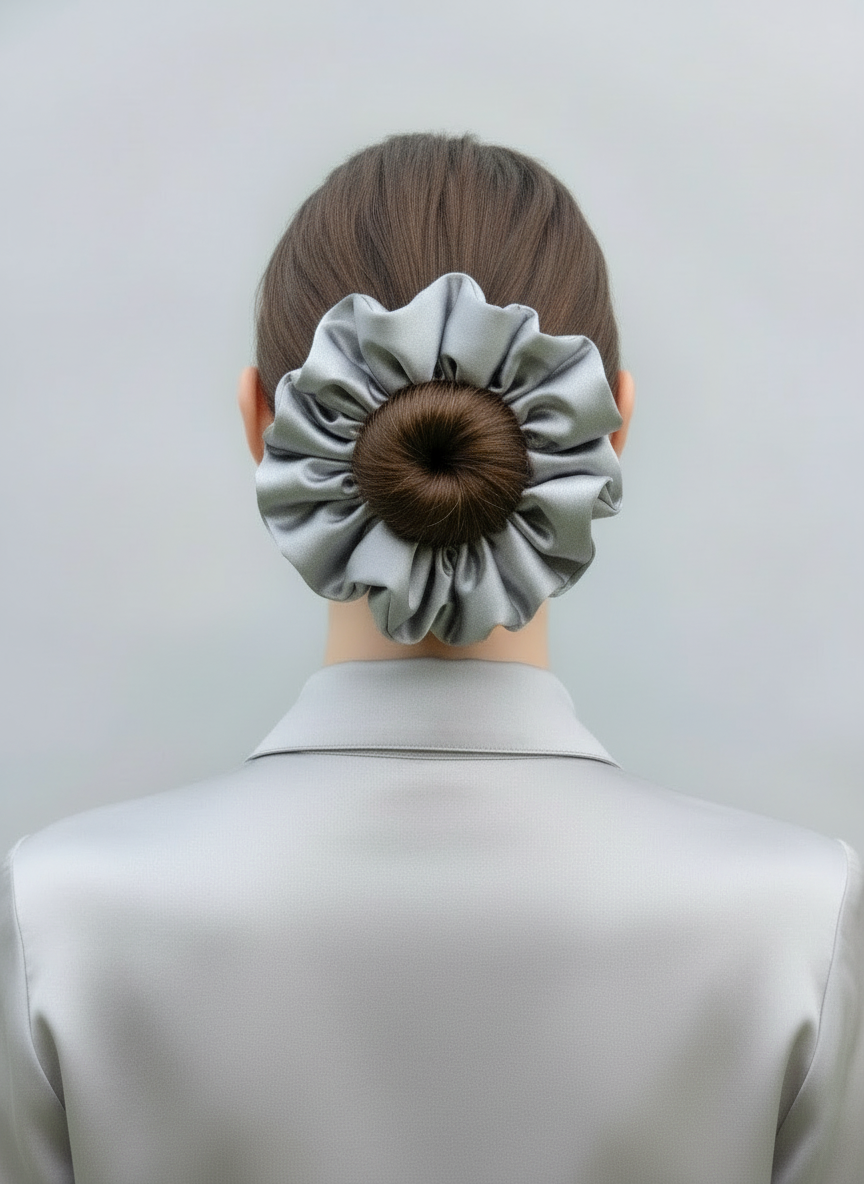 Person wearing a large Silver Gray  handcrafted 30mm mulberry silk scrunchie on their head against a plain background