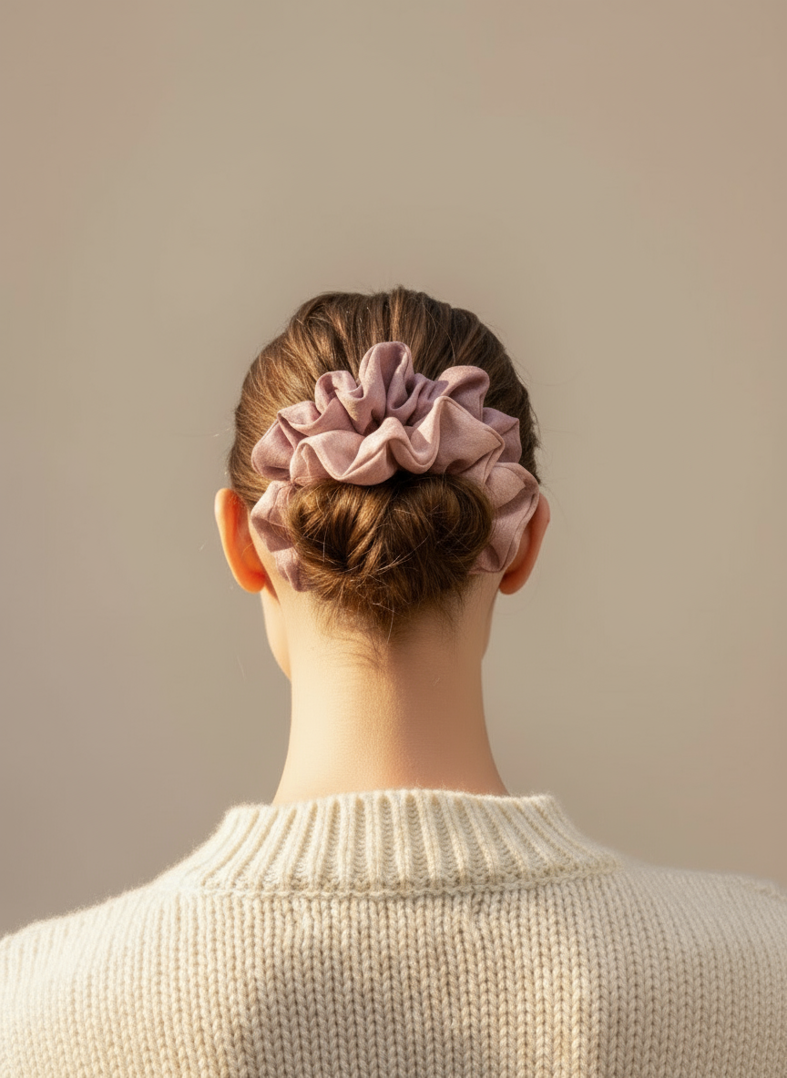 Person with a bun holding Pink handmade rose aromatic scented mulberry silk scrunchie against a beige background