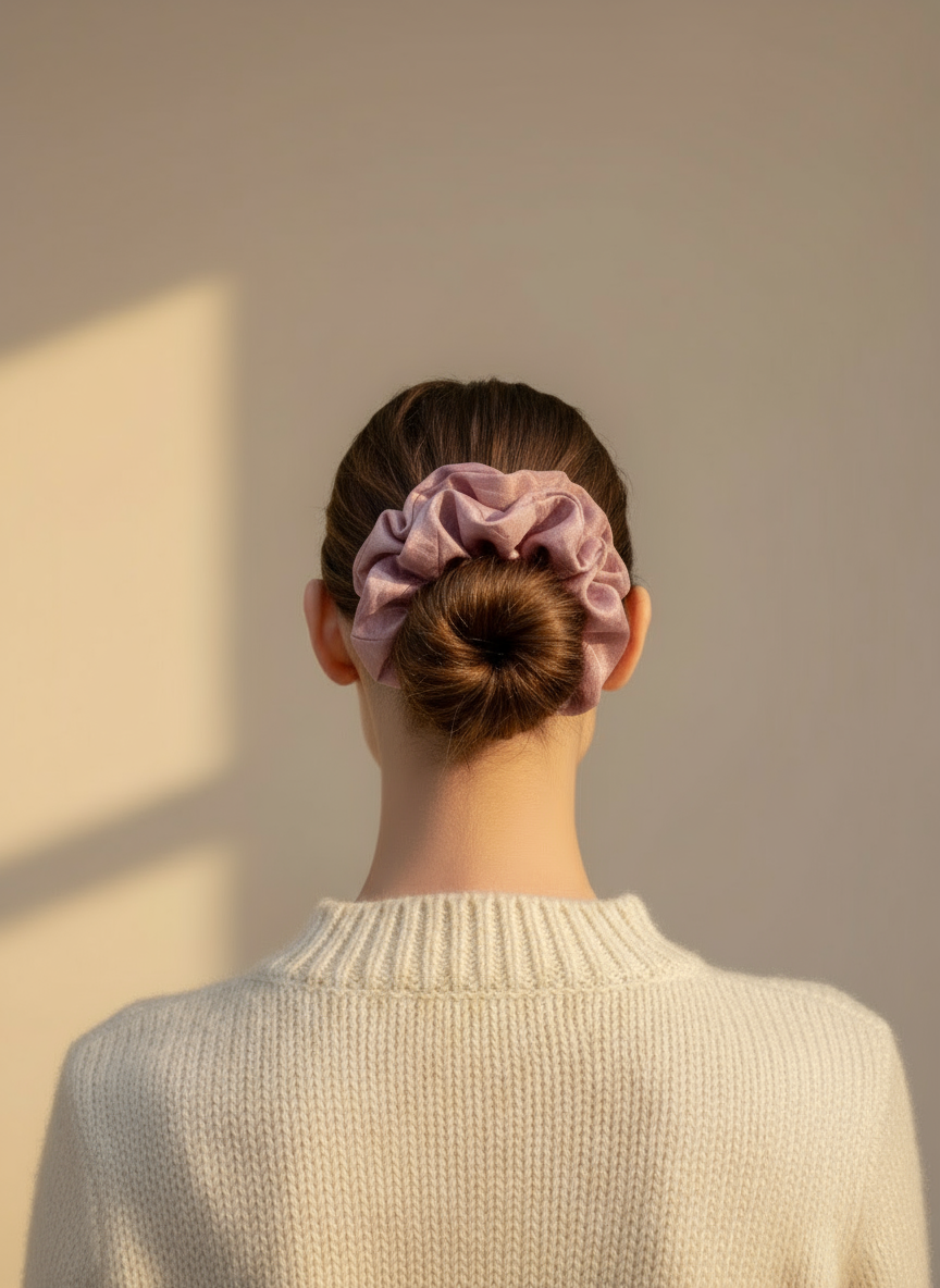 Person wearing a Pink handmade rose aromatic scented mulberry silk scrunchie in their hair against a beige wall
