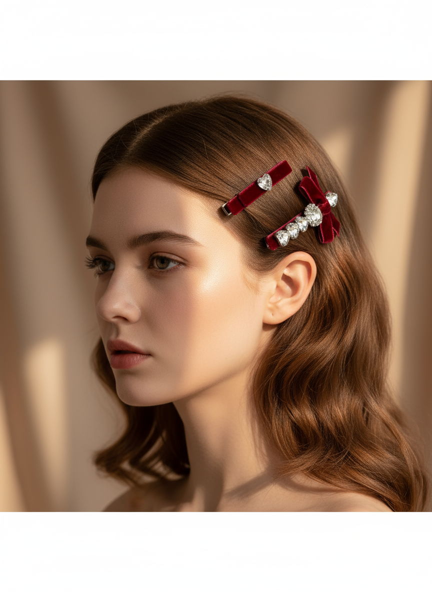Woman with Two red velvet hair clips with Swarovski crystal stones against a neutral background