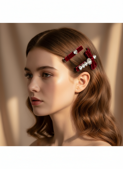 Woman with Two red velvet hair clips with Swarovski crystal stones against a neutral background