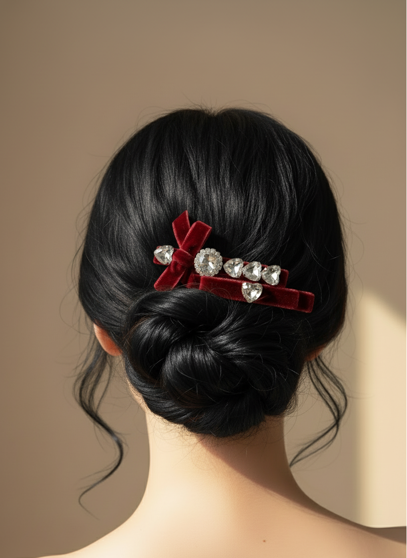 Black hair bun with Two red velvet hair clips with Swarovski crystal stones on a neutral background