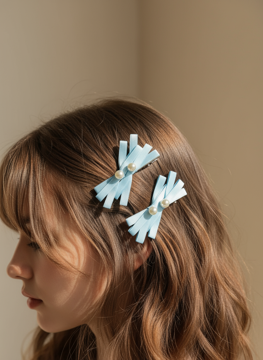 Woman wearing light blue hair clips with layered bows and pearl accents on a beige background