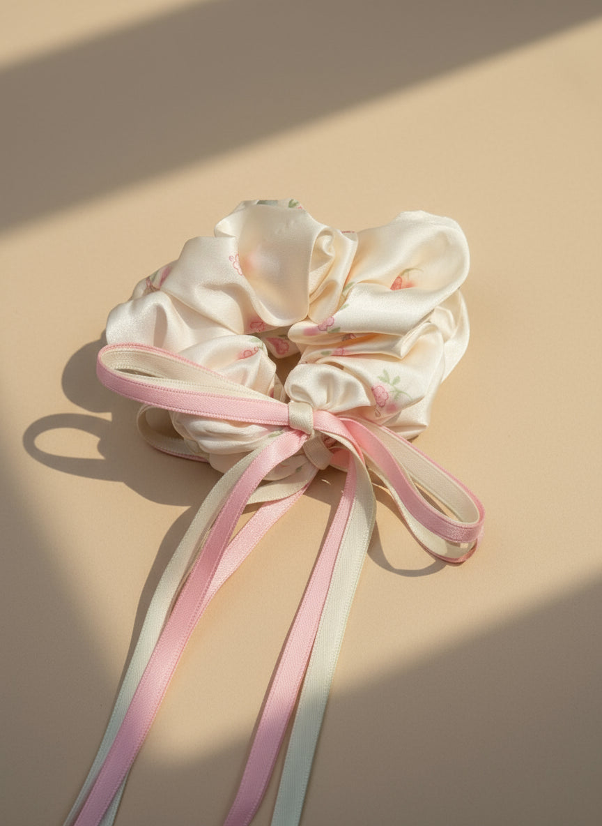 Satin Blush Floral Scrunchies  with Ribbon