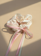 Satin Blush Floral Scrunchies  with Ribbon
