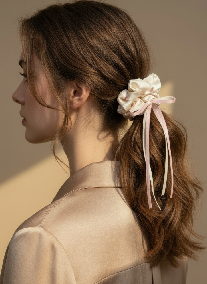 Satin Blush Floral Scrunchies  with Ribbon