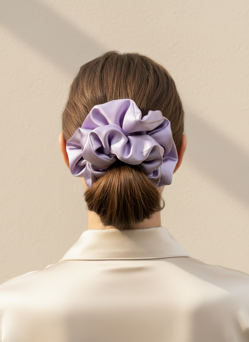 Person with a Lilac/ Lavender handcrafted 30mm mulberry silk scrunchie in their hair against a beige background