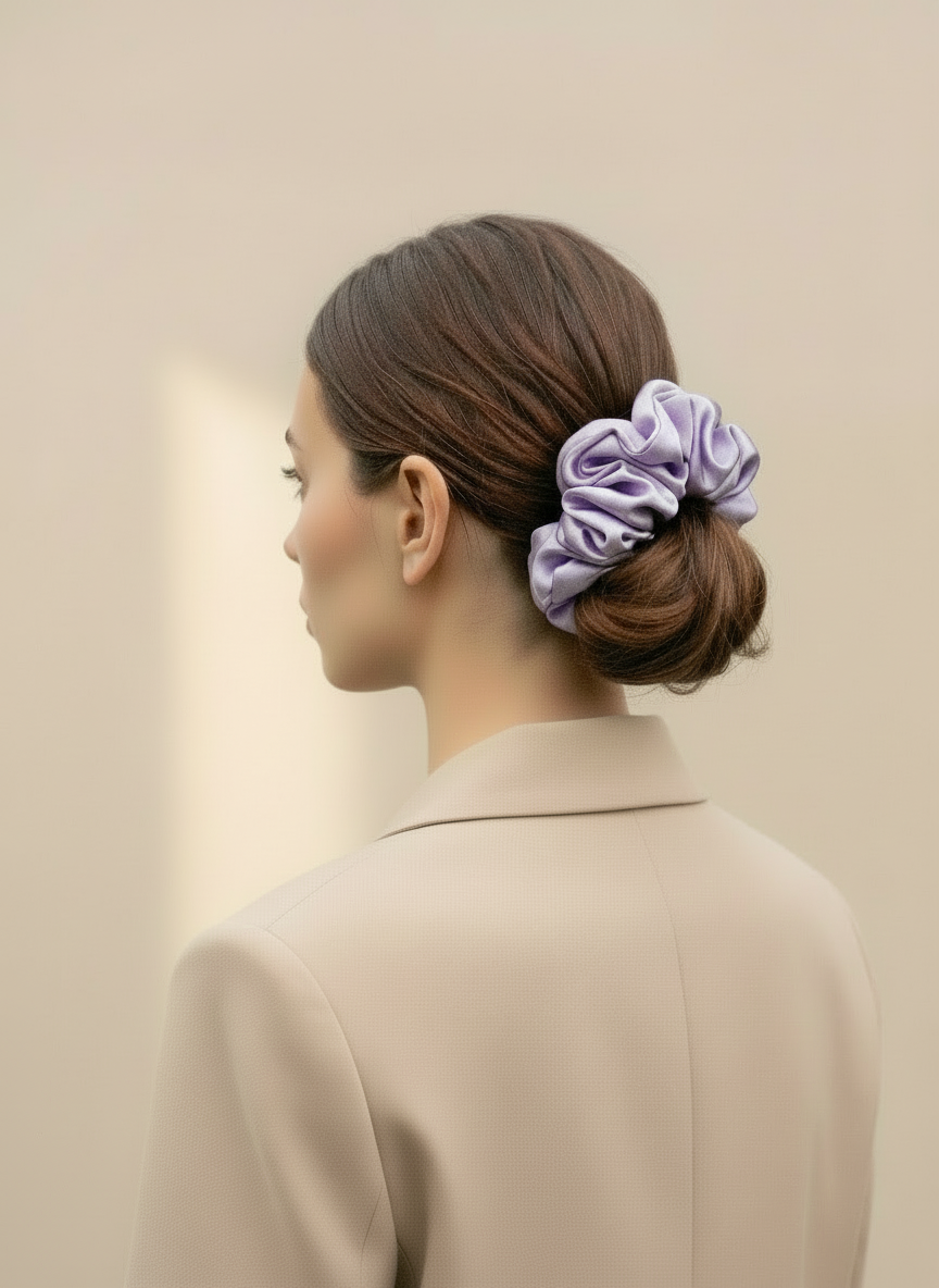 Woman with a Lilac/ Lavender handcrafted 30mm mulberry silk scrunchie in her hair against a beige background