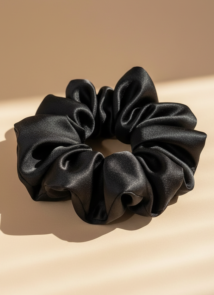 Black handcrafted 30mm mulberry silk scrunchie on a beige background