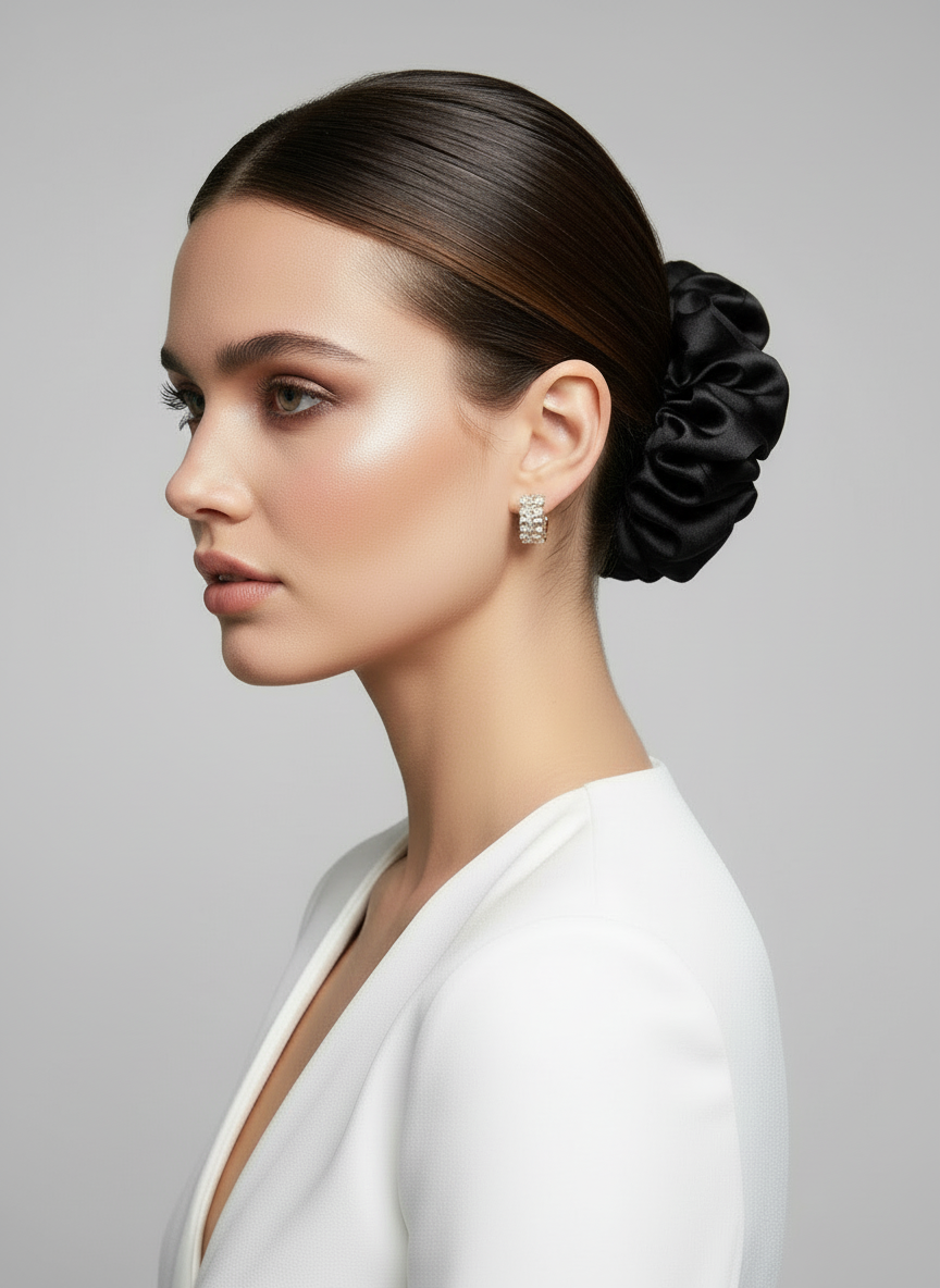 Woman with a stylish Black handcrafted 30mm mulberry silk scrunchie on a gray background