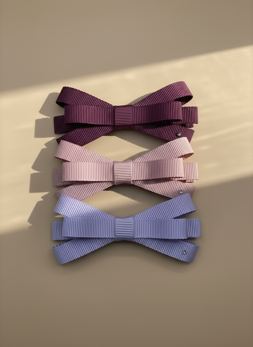 Three ribbed hair bows in purple, pink, and blue with tiny rhinestone on a beige background