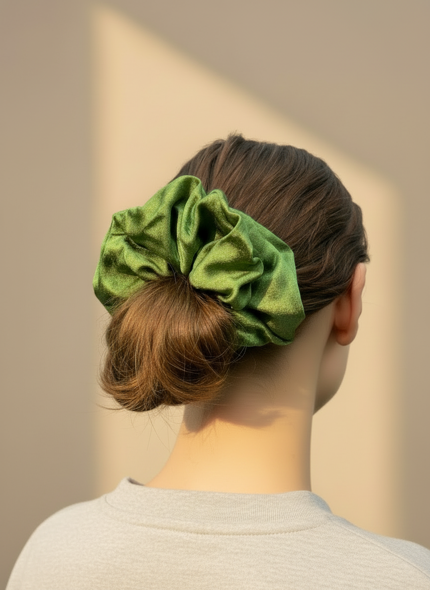 Person wearing a green Handmade Green Tea Scented Mulberry Silk Scrunchies  on their hair against a beige background