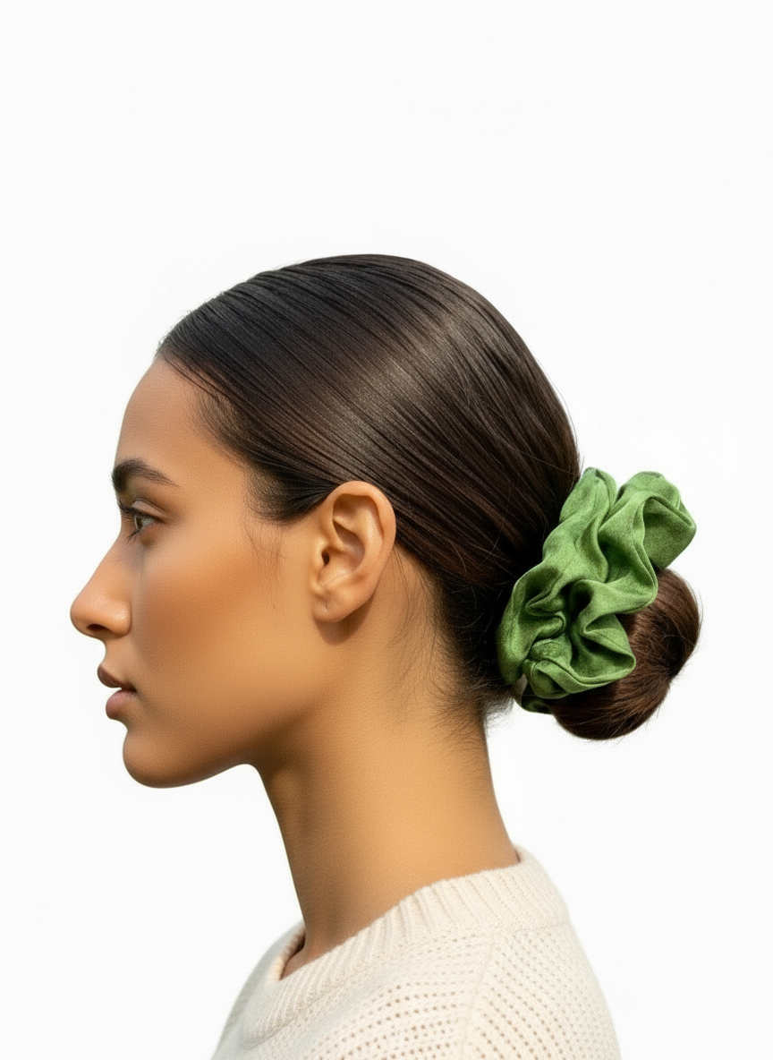 Woman with a green Handmade Green Tea Scented Mulberry Silk Scrunchies in her hair on a white background