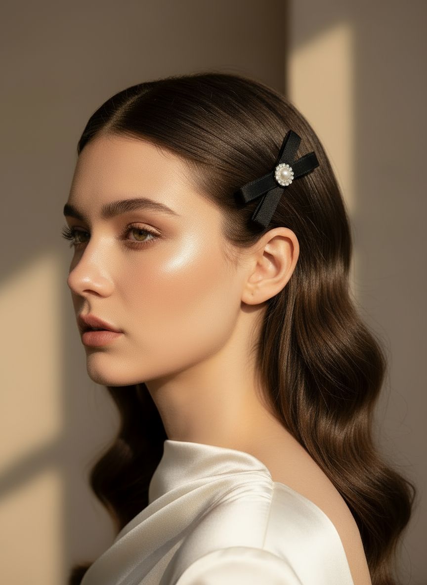 Woman with styled hair wearing a black hair clip with a pearl, against a neutral background