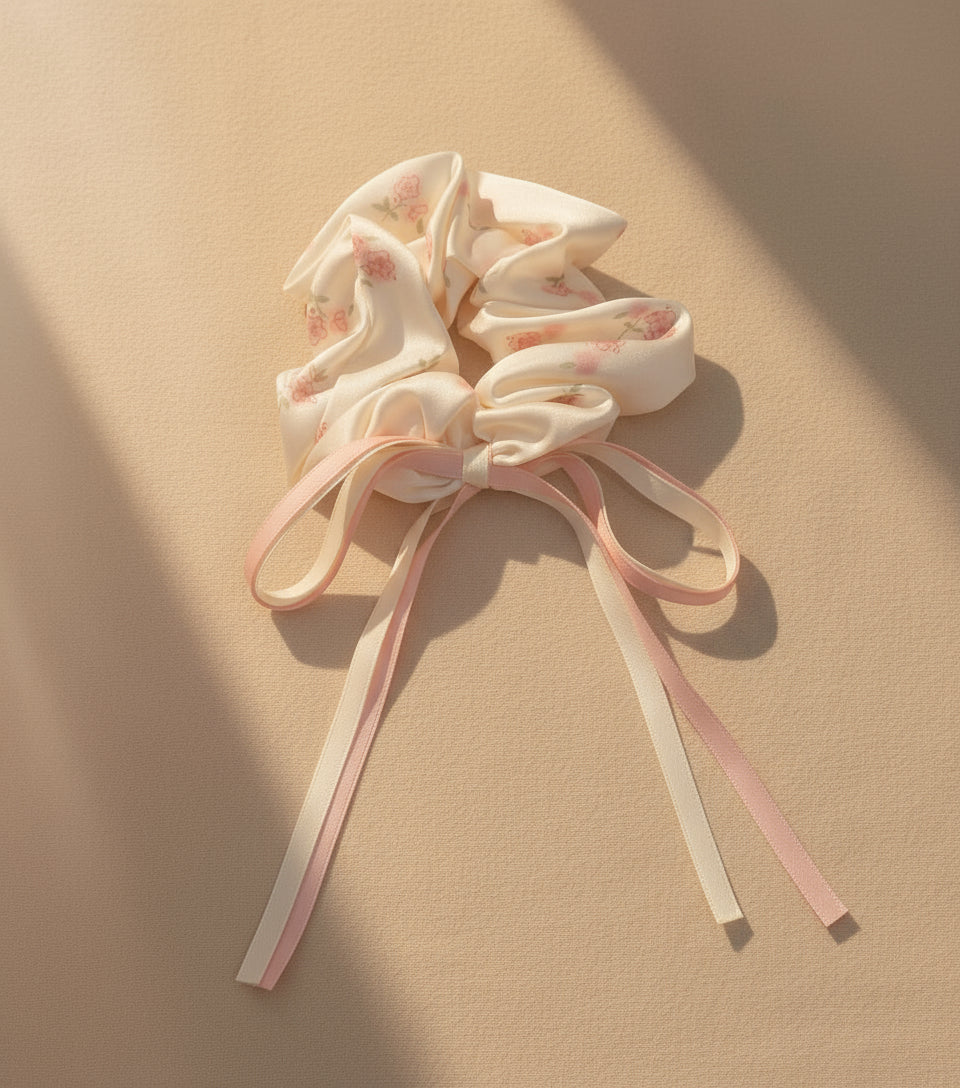 Satin Blush Floral Scrunchies  with Ribbon