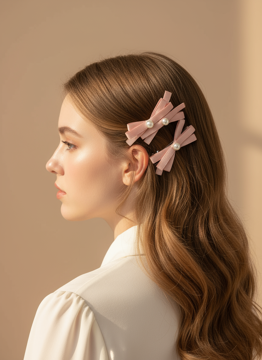 Woman with long hair wearing Two pink hair bows with layered bows and pearl centers against a beige background, it holds her hair very smoothly