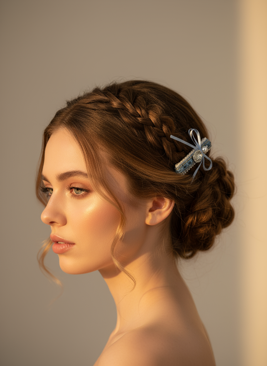 Pince à cheveux en tweed avec nœud orné de bijoux
