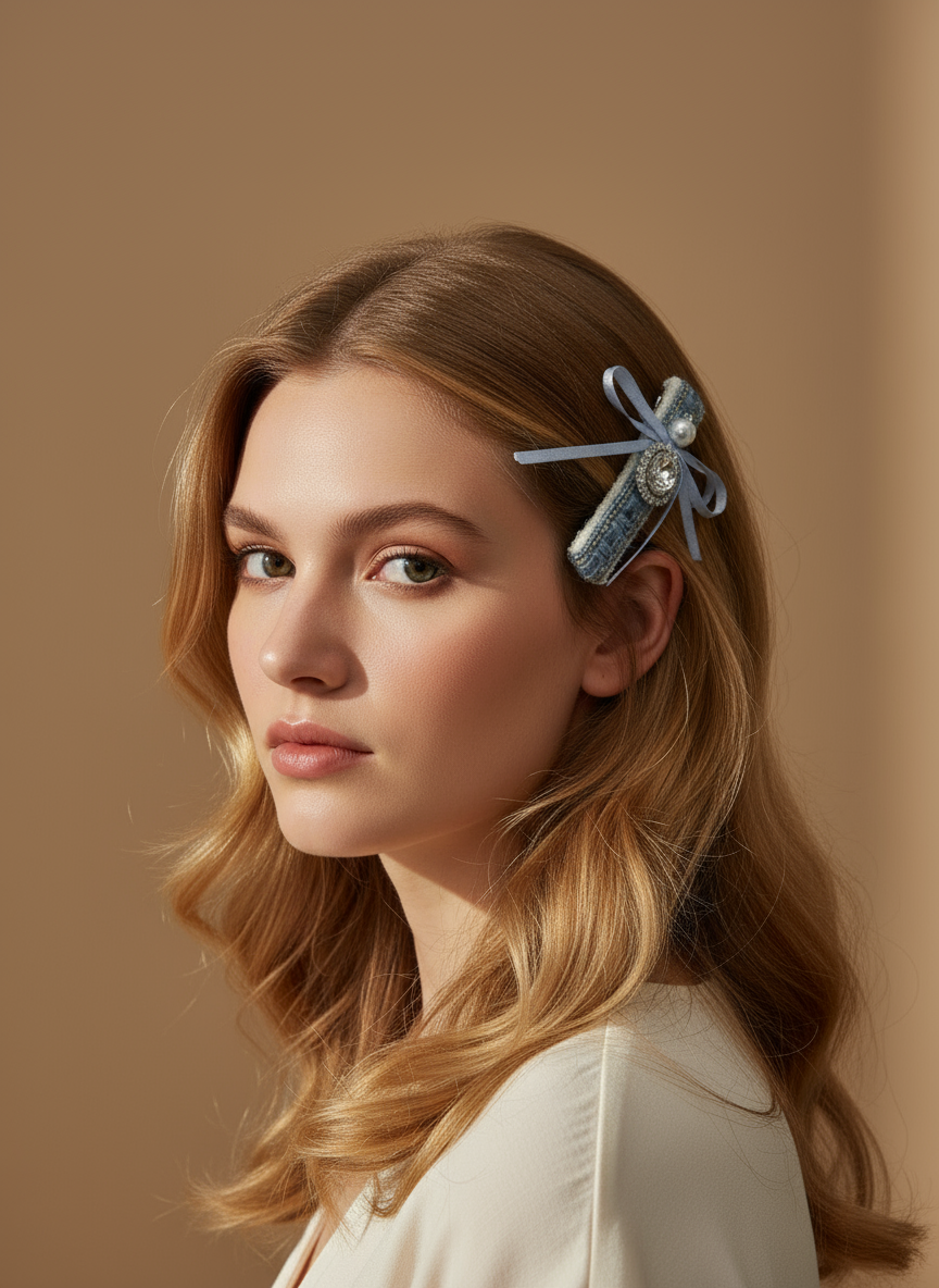 Pince à cheveux en tweed avec nœud orné de bijoux