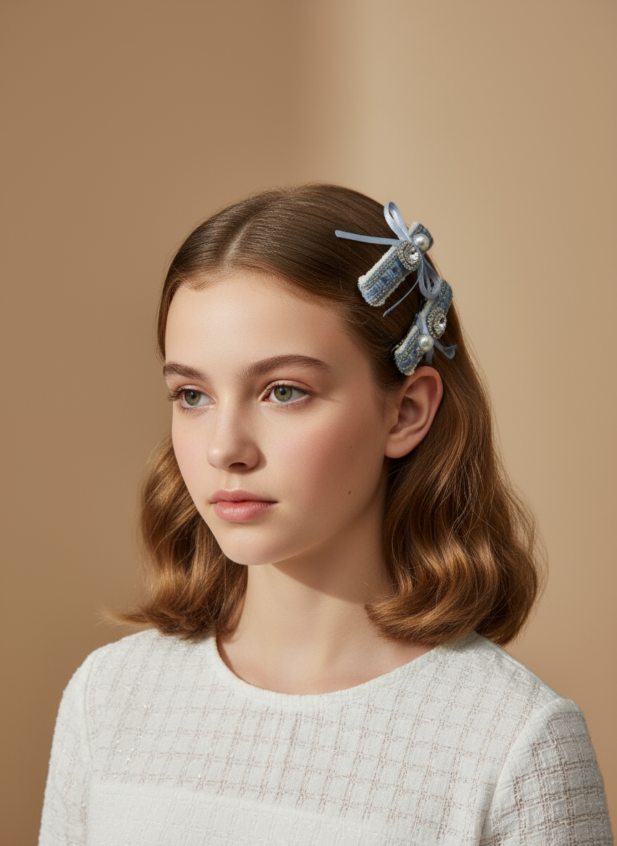 Pince à cheveux en tweed avec nœud orné de bijoux