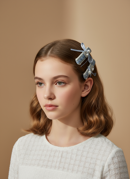 Pince à cheveux en tweed avec nœud orné de bijoux